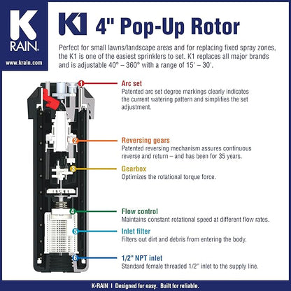 K Rain K1 1/2" Smart Set Rotor 4" Pop-Up| 15' - 30' Spray Distance, 40° - 360° Arc Spray Pattern | Includes Install Kit (5 Pack)