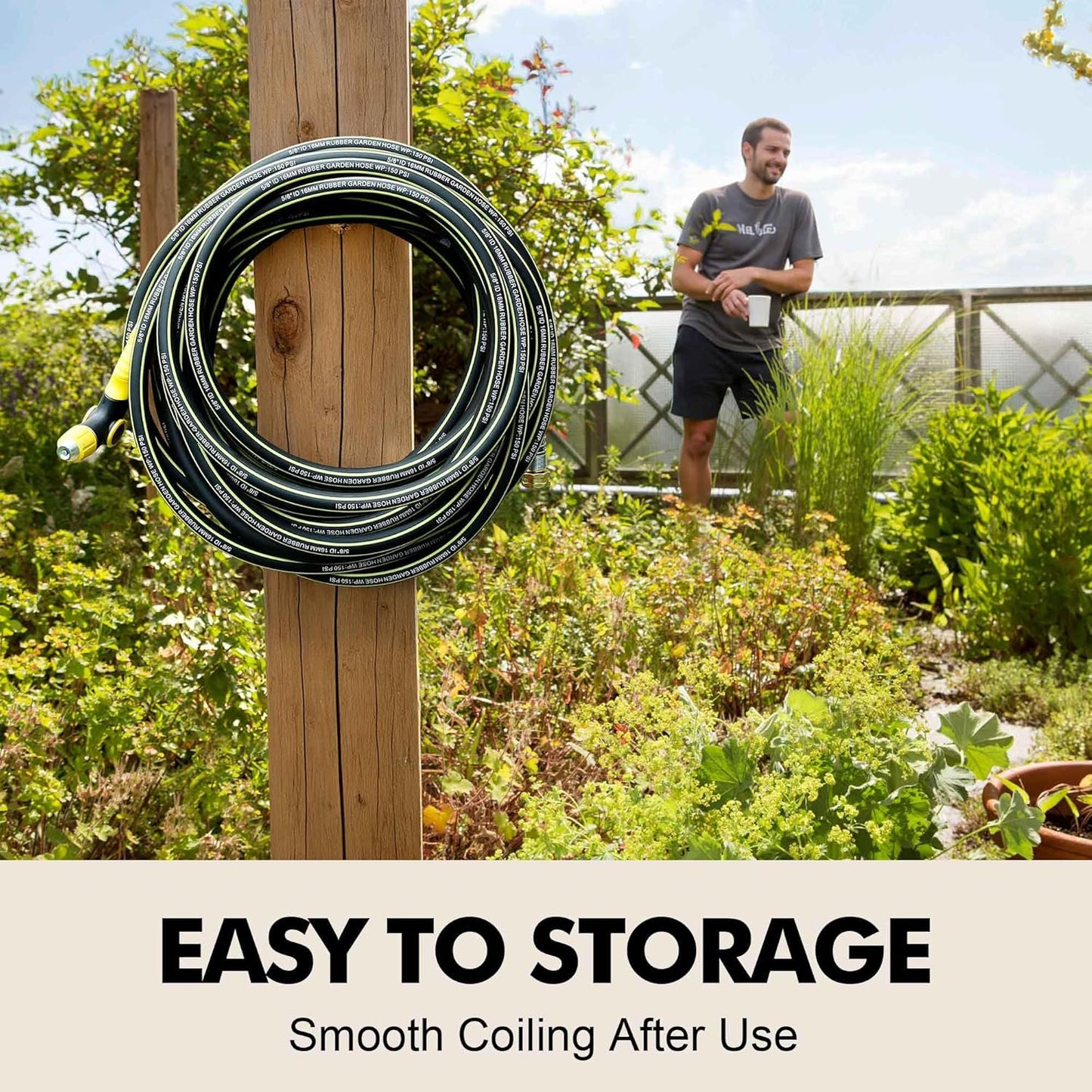 Rubber Garden Water Hose 100ft, 5/8" Leak Proof Garden Hose with Brass Connector, Flexible Hose Pipe for Lawn, Watering Cleaning & Washing