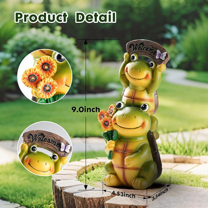 Garden Turtle Outdoor Statues, Solar Garden Statue Two Sweet Frog Face Turtles Decor with 3 LED Lights, for Patio Lawn Porch Yard,Gifts for Birthday, Easter, Housewarming