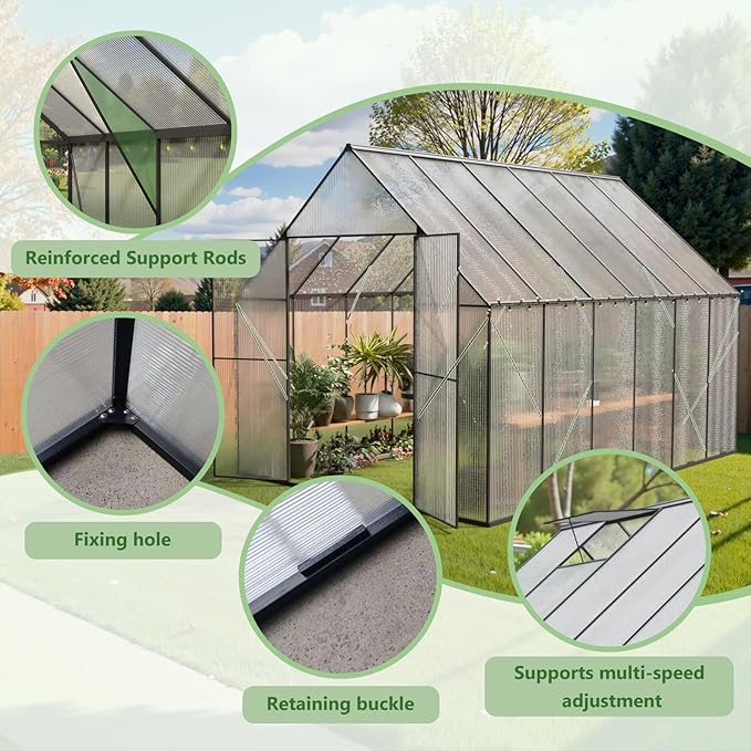 8X12 FT Greenhouses for Outdoors,Heavy Duty Polycarbonate Greenhouse, Large Walk-in Greenhouse with Roof Vent, Aluminum Hot House for Garden,Backyard