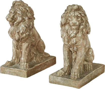 Lions at Guard Sculpture Set of 2 | Lion Statues | Outdoor Seasonal Lion Sculpture Set | Garden Backyard Yard Driveway | Weathered Sand | Realistic Lion Statues