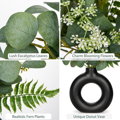 Artificial Eucalyptus Stems in Ceramic Vase 14.23" Fake Eucalyptus Plant Decor Black Donut Vase with Greenery Centerpiece Table Decorations Small Faux Green Plant for Home Farmhouse Wedding Table