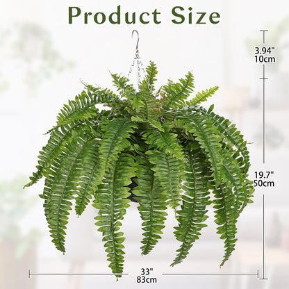 Hollyone 33" Artificial Boston Fern Hanging Basket Large 39 Leaves Fake Ferns in Rattan Pot Greenery Plants for Outdoors & Indoor Faux Fern Bush Basket Plant Patio Garden Home Decor Green