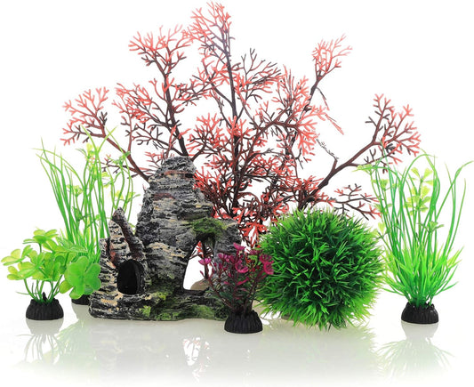 JIH Aquarium Fish Tank Plastic Plants and Cave Rock Decorations Decor Set 7 Pieces, Small and Large