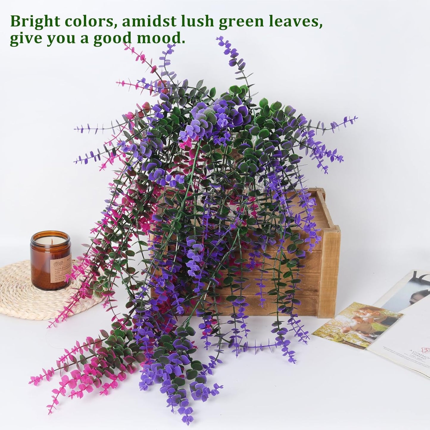 RECUTMS Artificial Plants Fake Eucalyptus Plants Faux Hanging Leaves Green Plant Artificial Hanging Plant for Indoor Home Room Kitchen Table Outdoor Patio Garden Yard Decor(Purple)