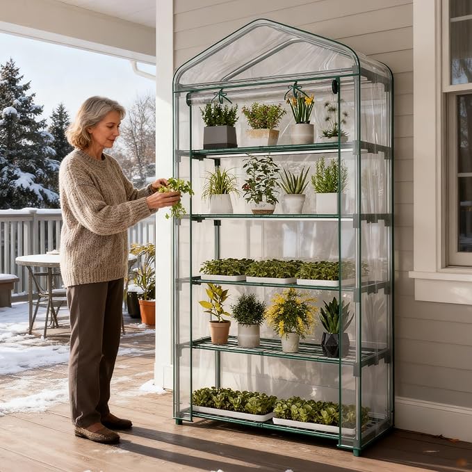 Indoor Greenhouse with Grow Light, 5-Tier 35.4"x19"x74.8" Mini Greenhouse with Roll-Up Zippered PVC Cover for Seed Starting Trays, Dimmable Grow Light Shelf for Indoor Plants with Timer