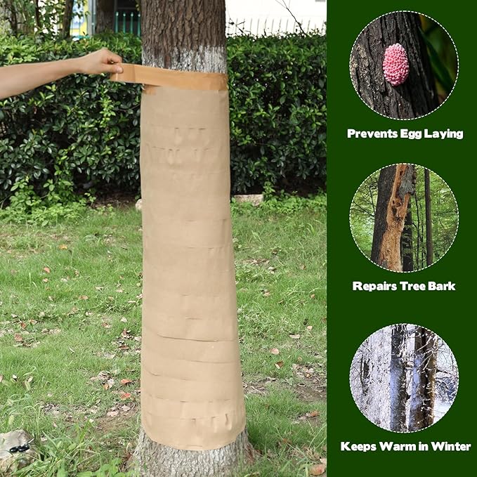 328 Ft Paper Tree Wrap for Damaged Bark, 3.15" Weather Resistant Tree Trunk Protectors Wraps to Protect Bark Tree Bark Repair Wrap Bandage with 2pcs Tape for Frost, Sun and Deer Animals