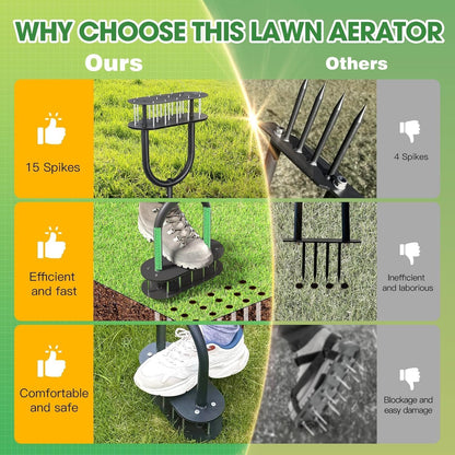 Lawn Aerator Spikes Aerating Tool, Manual Aeration Tools with Padded T-Handle, Wide Foot Plate, 15 3 Inch Solid Steel Spikes, Yard Aerators for Lawn Yard & Garden