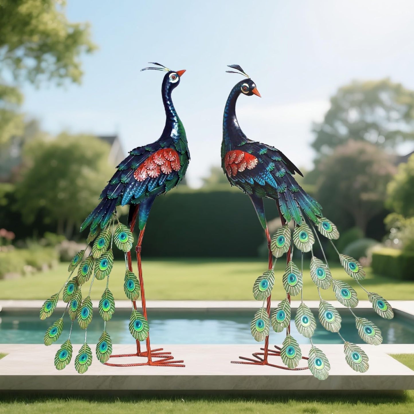 chisheen Garden Decor Outdoor Statues, Metal Peacock Decor for Outside, Garden Art Sculptures Standing for Patio Yard Lawn Home Decorations, Set of 2
