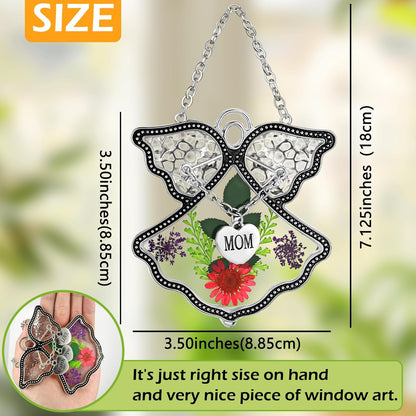 KY&BOSAM Angel Suncatcher Mom Stained Glass for Windows Hangings Wind Chime with Pressed Real Flower and Metal Charm Gifts for Mom Birthday Gifts for Women Mother`s Day Valentine's