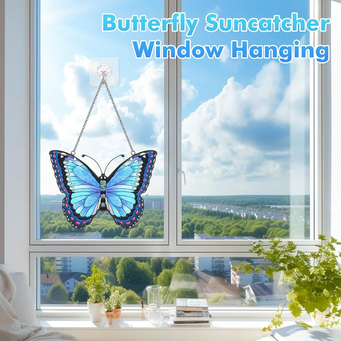 Blue Butterfly Suncatcher Stained Glass Window Hanging Butterfly Ornaments Gift for Mom, Women, Wife, Mother's Day (Blue)