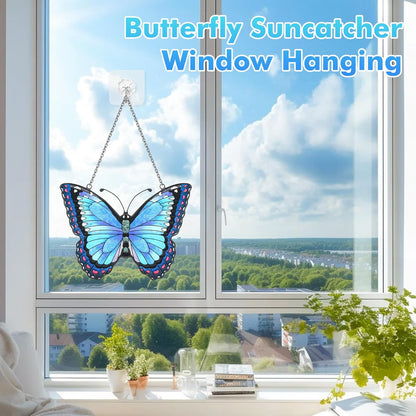 Blue Butterfly Suncatcher Stained Glass Window Hanging Butterfly Ornaments Gift for Mom, Women, Wife, Mother's Day (Blue)