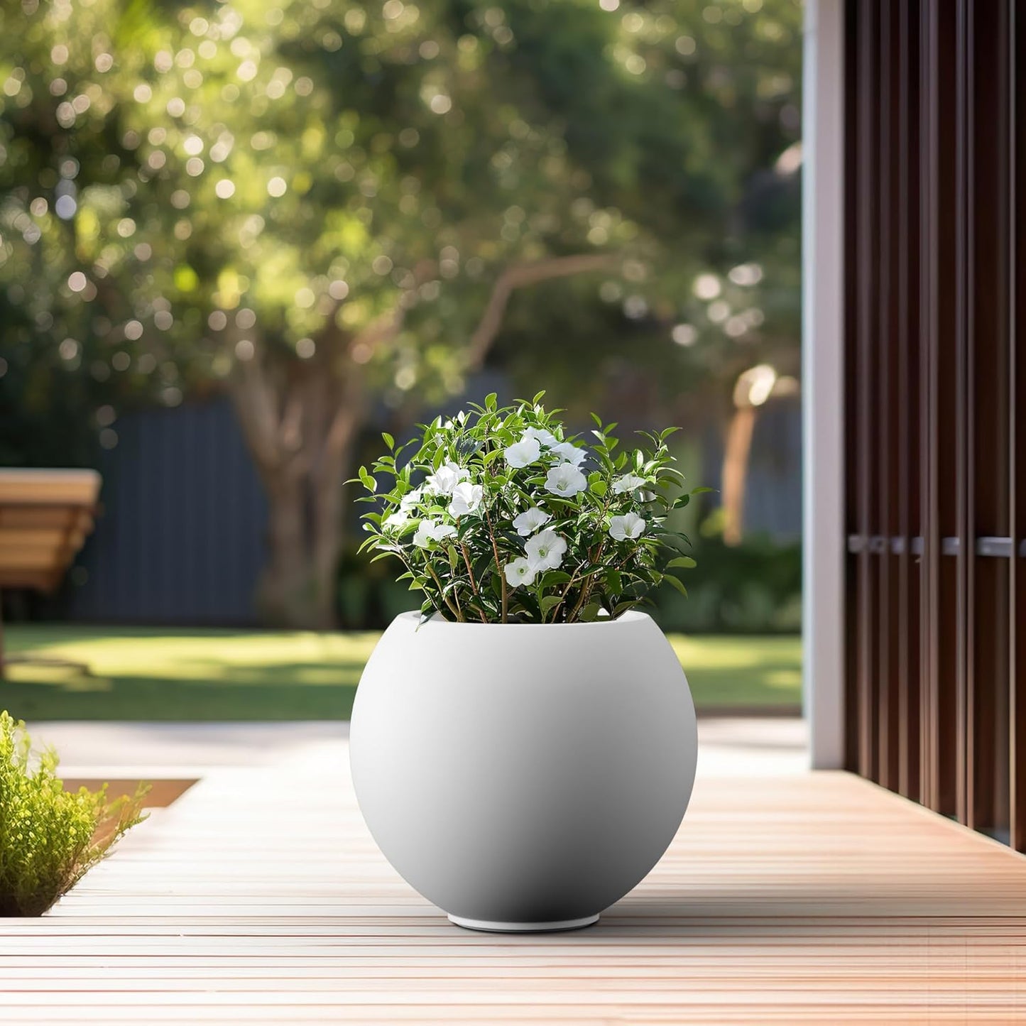Kante Round Concrete Flower Pot, 19.3 Inch Dia (14" Opening) Sphere Shape Design Planter with Drainage Hole and Rubber Plug for Indoor & Outdoor Plants, White Finish with Aqua Blue Interior