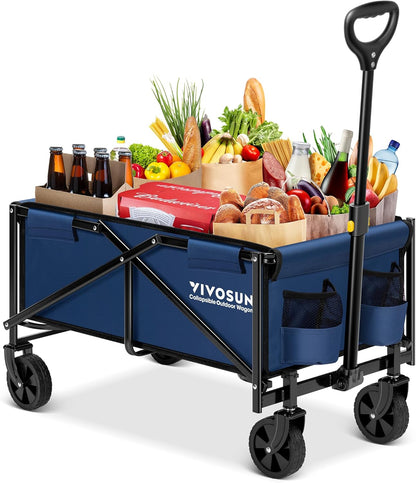VIVOSUN Collapsible Folding Wagon, Outdoor Utility with All-Terrain Wheels, Adjustable Handle, Cup Holders & Side Pockets, for Camping, Shopping, Garden, 210Lbs Capacity, Blue