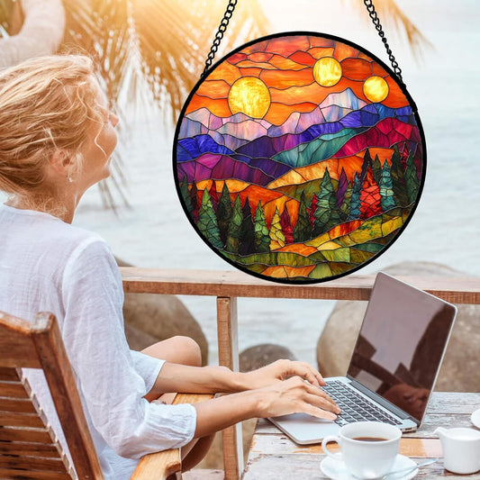 Stained Glass Window Hanging, Sunset Abstract Sun Catchers Colorful Glass Panel Landscape