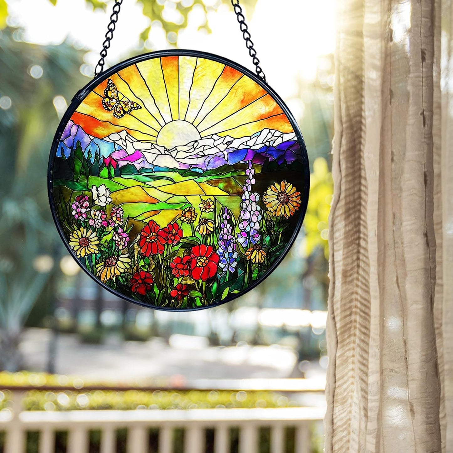 kdqua Sunshine Flower Suncatcher Stained Glass Window Hanging, Cottagecore Sunset Wildflower Sun Catchers Indoor Window Glass Round Wall Decor, Floral Wall Art Hanging Decorations Statues, 7.9x7.9in