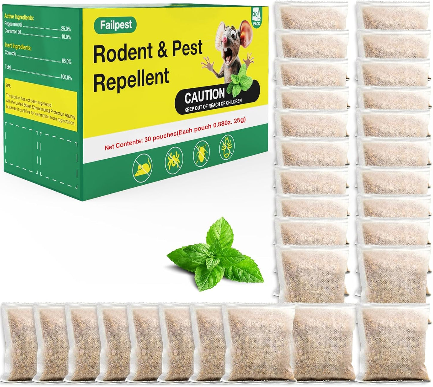 30PCS Rodent Mouse Repellent Pouches for Indoor Use, Peppermint Oil Nature Fomula, Safe for Pets and Family