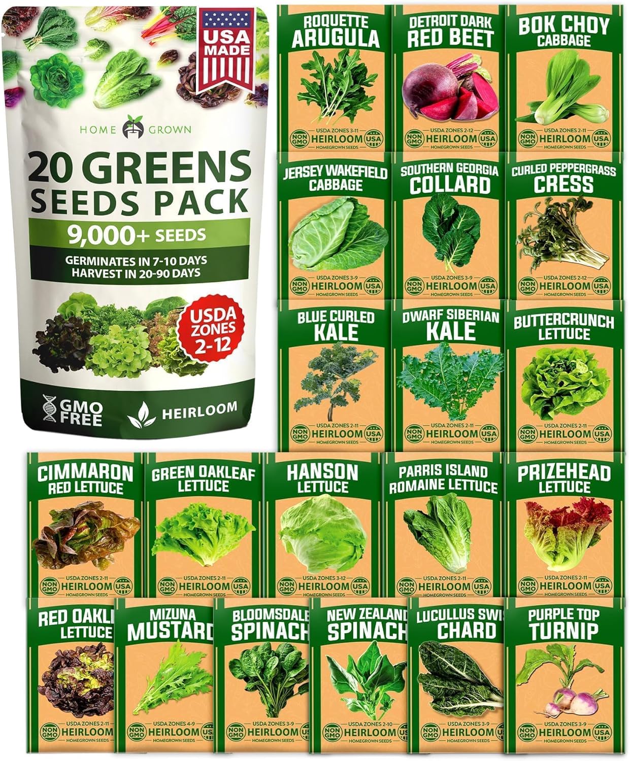 HOME GROWN 21,600+ Lettuce Seeds for Planting - 20 Heirloom Varieties, Non-GMO USA - Romaine, Butterhead, Iceberg, Leaf Lettuce, Spinach & Kale - Indoor, Outdoor & Hydroponic Garden Kit