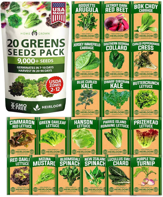 HOME GROWN 21,600+ Lettuce Seeds for Planting - 20 Heirloom Varieties, Non-GMO USA - Romaine, Butterhead, Iceberg, Leaf Lettuce, Spinach & Kale - Indoor, Outdoor & Hydroponic Garden Kit