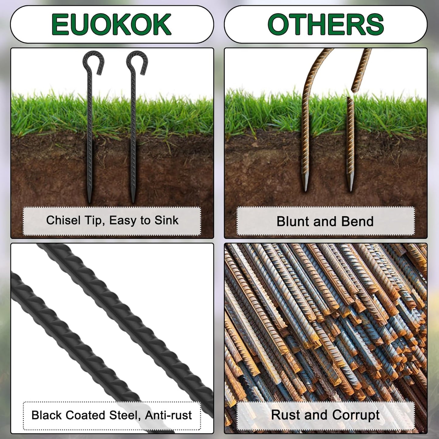 30 Inch Rebar Stakes Heavy Duty 6 Pack Tent Stakes with Loop 1/2 Inch Diameter Tarp Pegs Tree Stakes and Supports Ground Anchors Garden Rope Fence Stakes for Outdoor Camping and Yard, Black