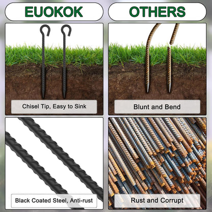 16 Inch Rebar Ground Stakes with Loop 1/2 inch Diameter Steel Tent Stakes (12 pcs), Heavy Duty Tree Stakes and Supports, Dog Tie Out Stakes, Metal Spikes for Outdoor Camping and Yard, Black
