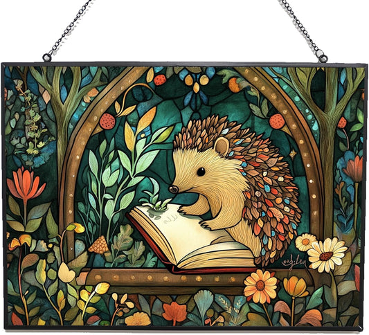 Rectangle Boho Hedgehog Drawing Plants Stained Glass Window Hanging,Hummingbird Sun Catchers Indoor
