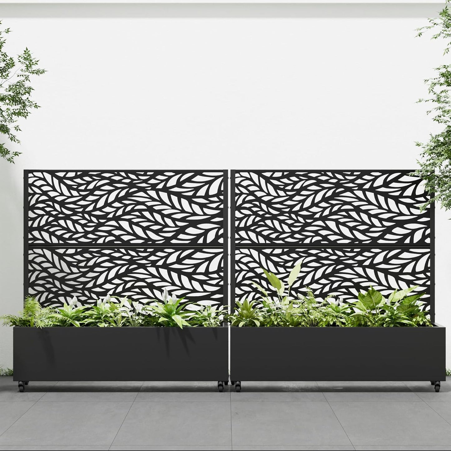 Casaphoria 47"x47" Metal Raised Garden Bed with Trellis(2 Pack), Outdoor Planter Box with Wheels & Drainage Holes for Climbing Plants, Flowers, Elevated Garden Kit with Privacy Screen, Black-Spring