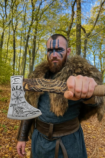 Hand Forged Viking Axe – Carbon Steel Blade with Ash Wood Handle and Leather Sheath, Camping, Hunting, Outdoor Hatchet Valhalla Ax, Medieval Axe, Authentic Norse Axe, Historical Gift for Men