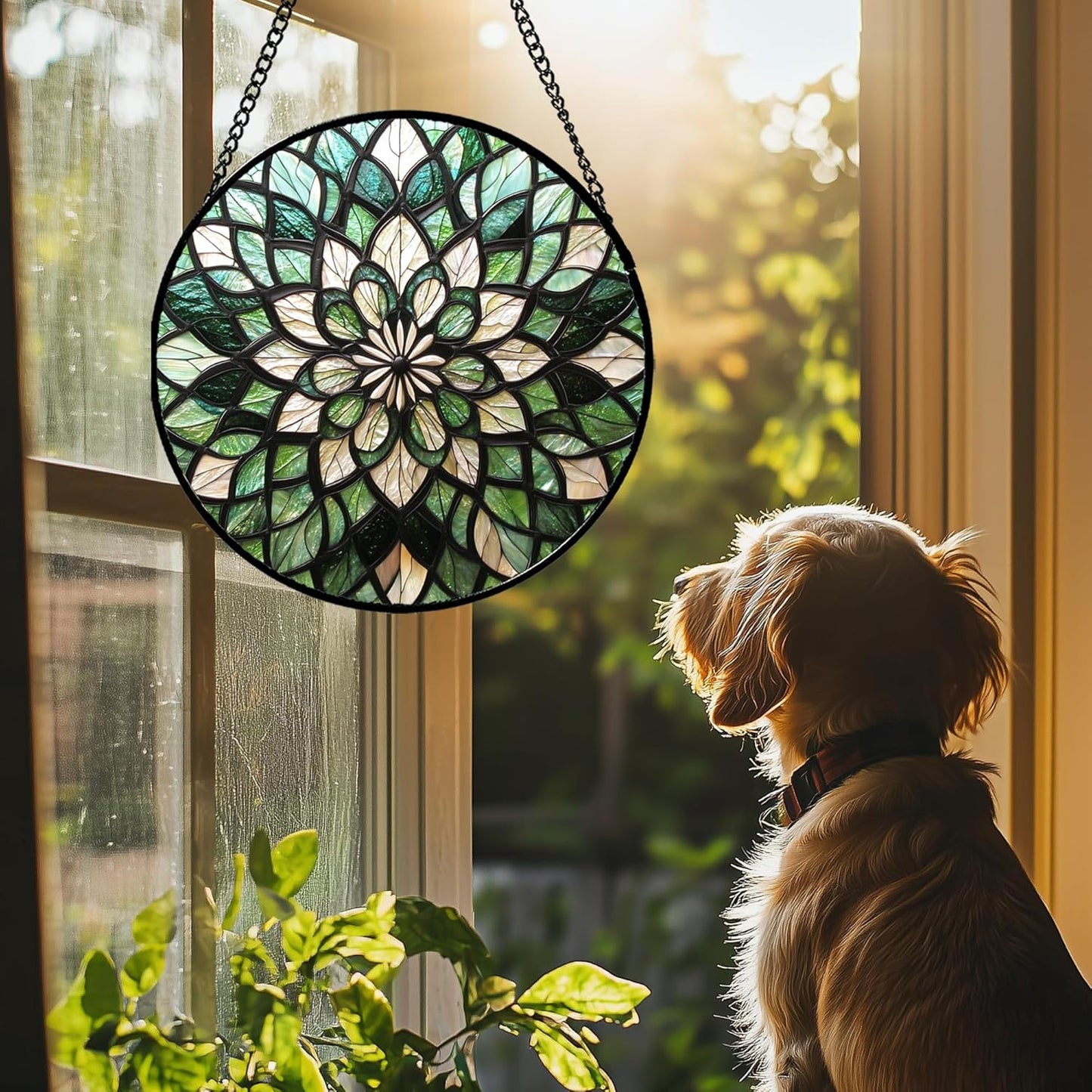Stained Glass Window Hanging - Abstract Gradient Flowers Suncatcher for Doors Window Home Green Sun Catchers Decor Christmas Mother's Day Birthday Gifts for Teacher Women Men Mom Nana 7.8 in