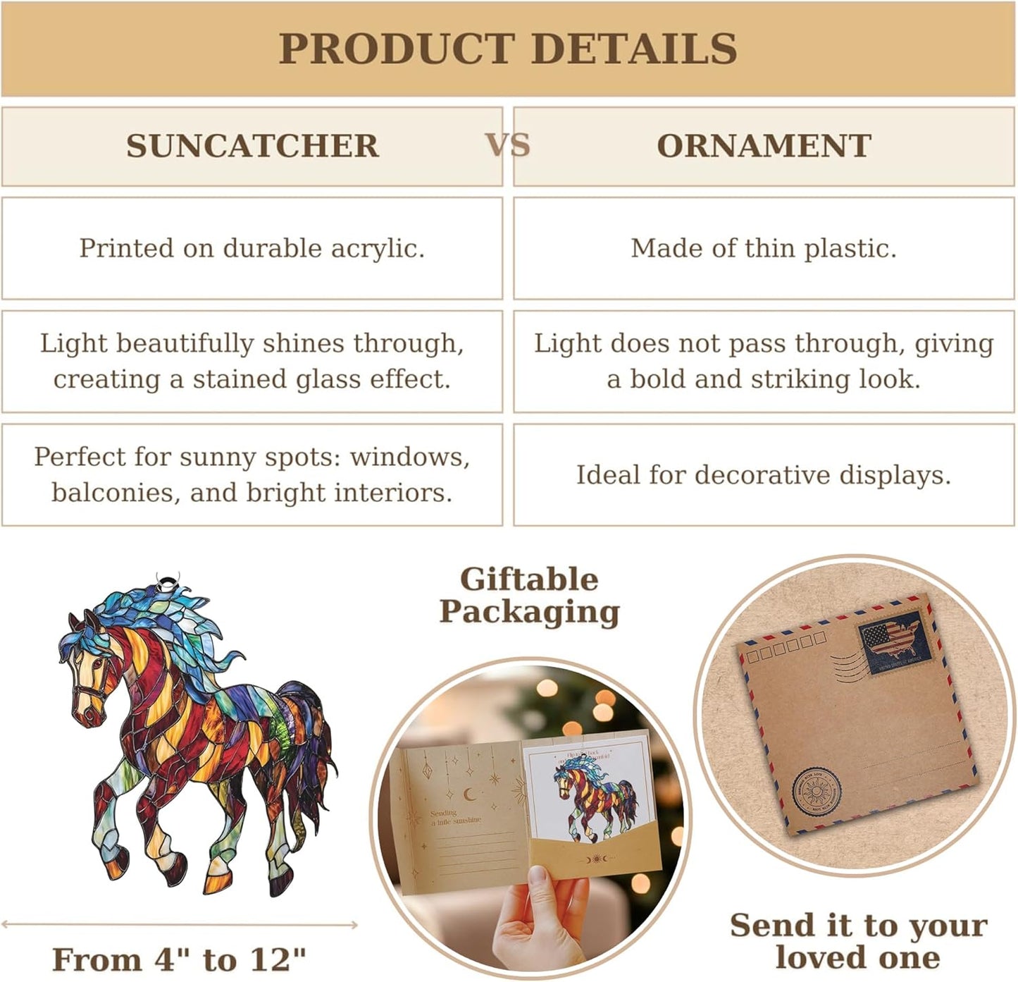 Horse Spiritual Acrylic Suncatcher Stained Glass Effect Window Car Hanging Christmas Ornament Indoor Outdoor Decor Garden Sun Catcher Panel Gifts for Nature Lover for Women Mom Grandma