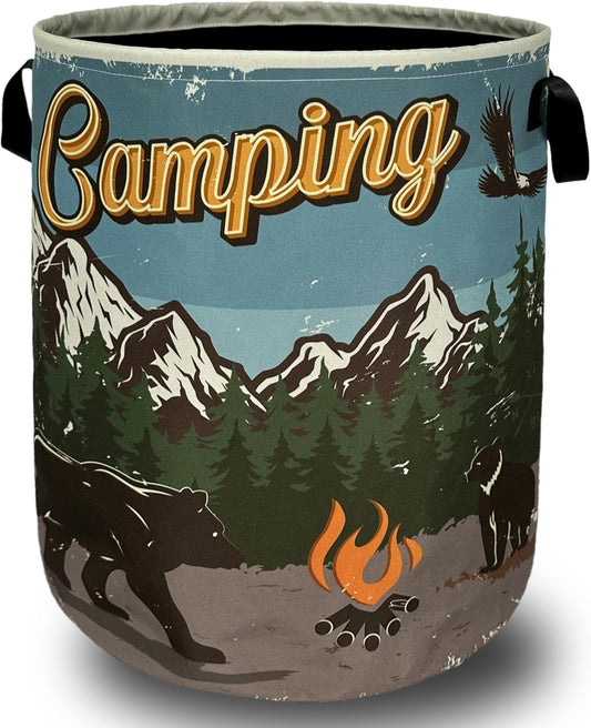 Retro Camping Mountain Bear Laundry Basket Foldable With Handles Tote Bag Oxford Cloth Funny Laundry Hamper Clothes Storage Bucket Toy Organizer For Bathroom/Laundry/Bedroom 18.9" x 16.5 "