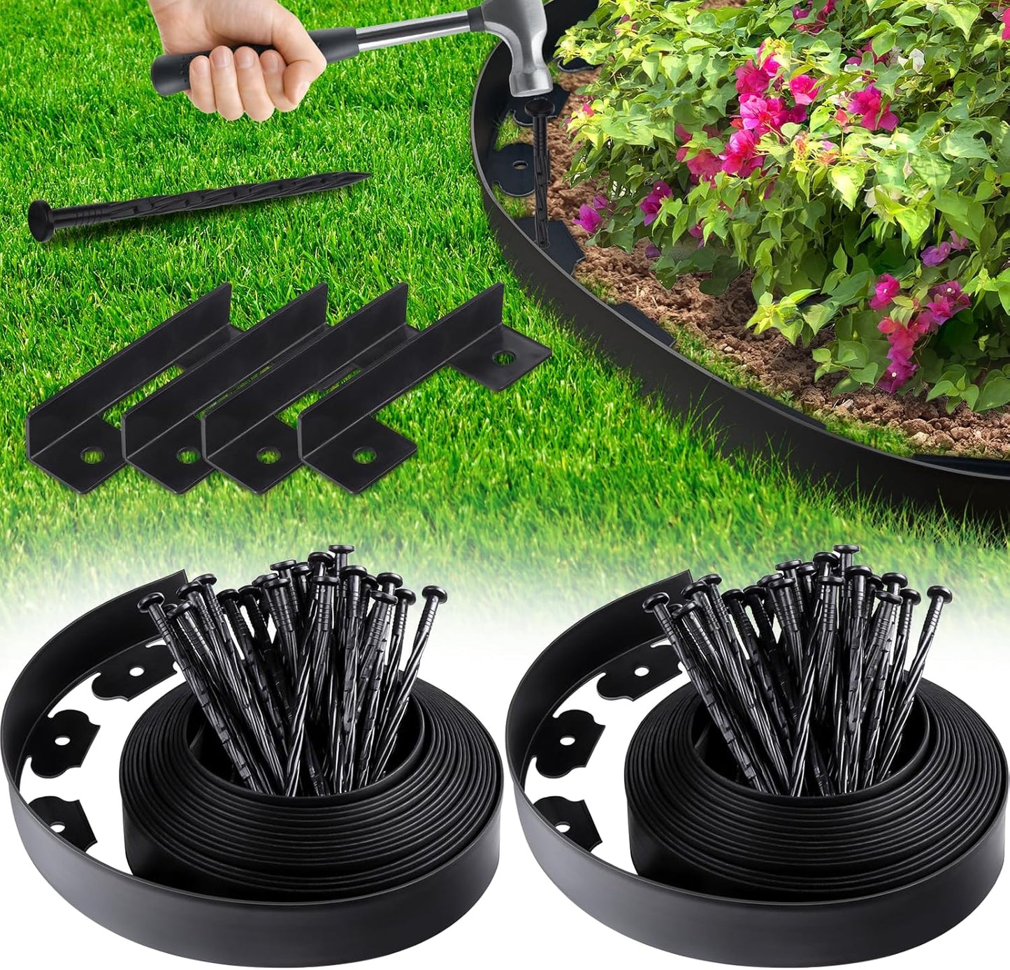 Landscape Edging Border No Dig - 80FT 2IN Tall Garden Edging Border with 100 Stakes, Plastic Garden Fence Lawn Edging Flexible for Landscaping, Flower Beds, Yard, Pathway with Connectors