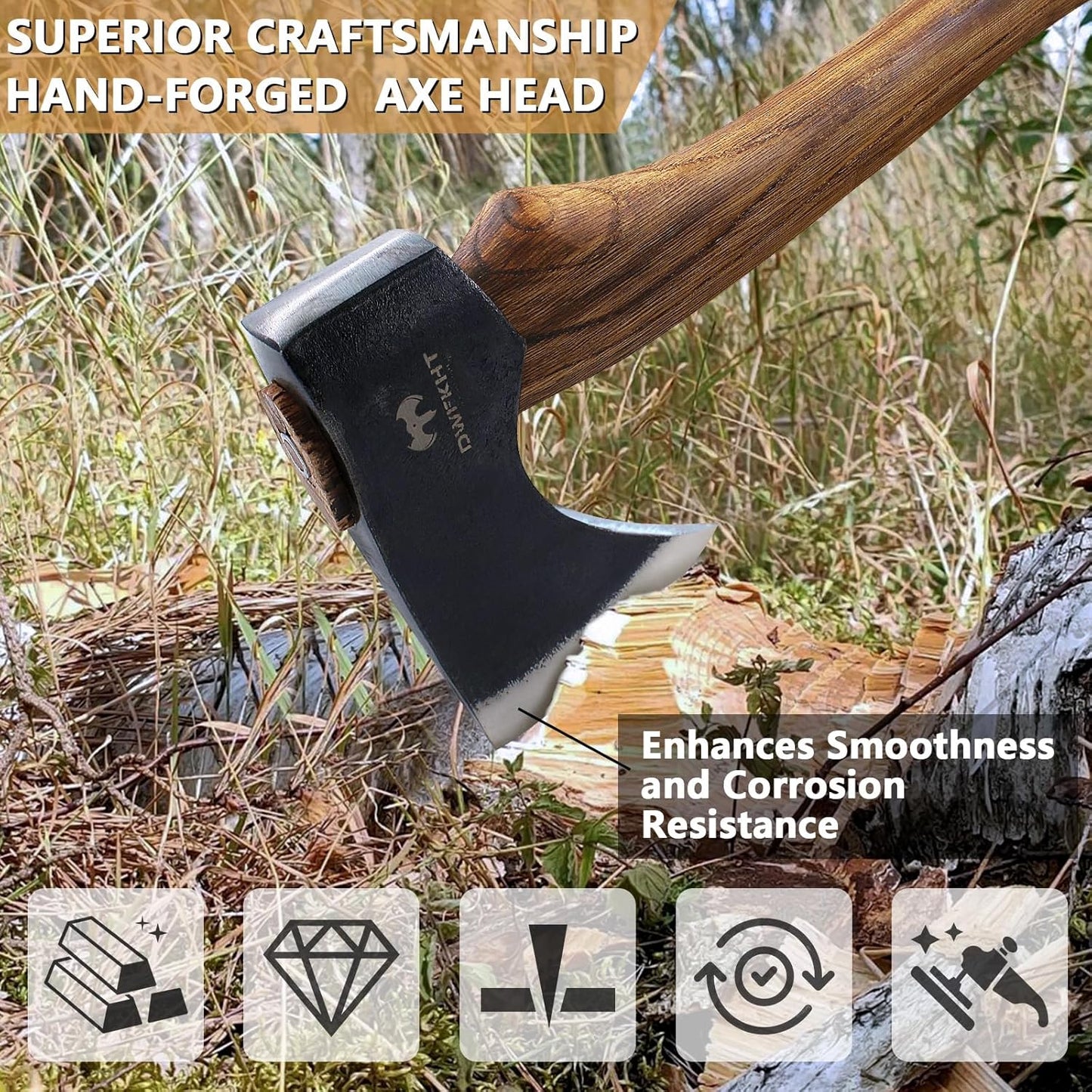 15.7" Hatchet Axe, Camping Hatchet, Hand-Forged Axe with Sheath for Wood Chopping, Splitting, and Carving, Bushcraft Axe with Beech Handle for Outdoor Survival and Garden Work