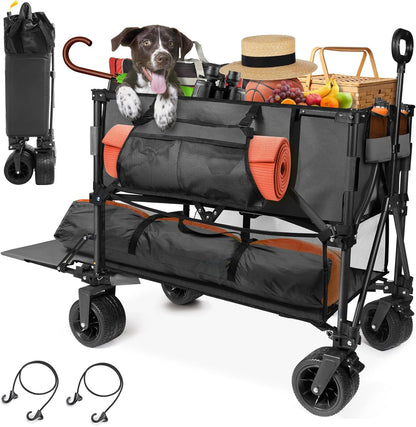HOPERAN 400L XL Wagons Carts Foldable, 54" Extra Length Double Decker Collapsible Wagon Cart with Tailgate, 8" Big All-Terrain Wheels, 550lbs Load Utility Grocery Cart for Camping,Sports,Beach