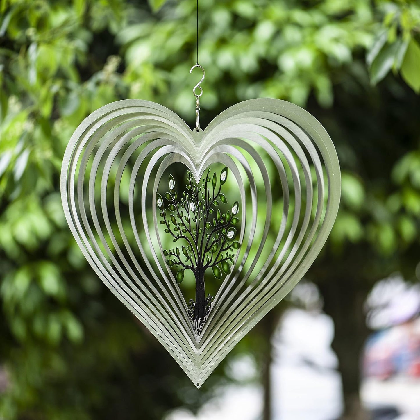 ISEO Silver Heart Wind Spinner for Yard and Garden with Crystals, Hanging Outdoor Decor, Yard Art, Porch and Patio Decorations, Metal Wind Spinners Outdoor, Weather Resistant, 15”