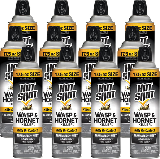 Hot Shot Wasp And Hornet Killer 17.5 Ounces, Bonus Size, Up to 27-Foot Jet Spray, 12 Pack, Black