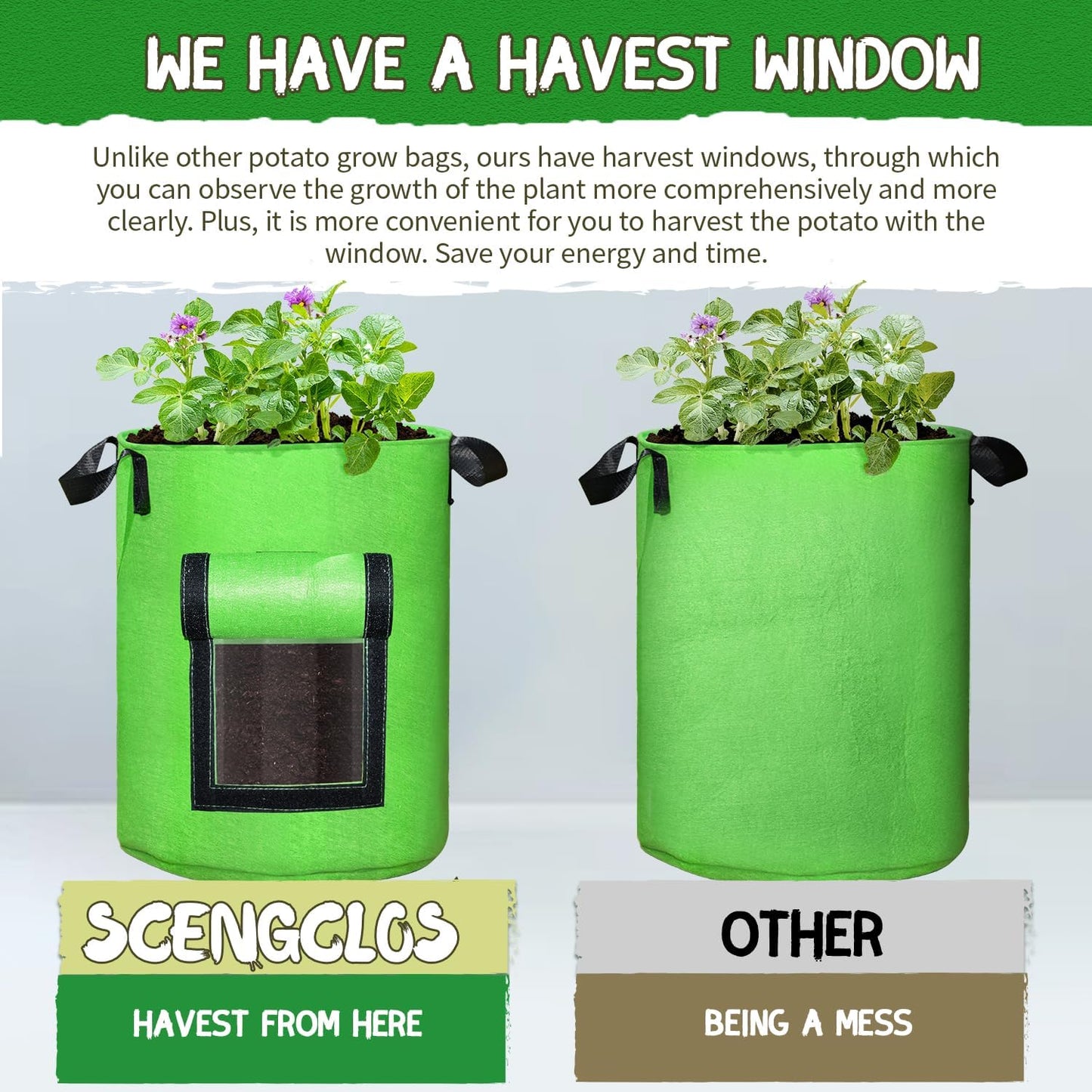 SCENGCLOS 6 Pack 10 Gallon Grow Bags, Sealed Window Planter Bags, Breathable Thickened Non-Woven Fabric Plant Pots with Access Flap, Garden Planting Bags for Grow Potato,Tomato,Carrot