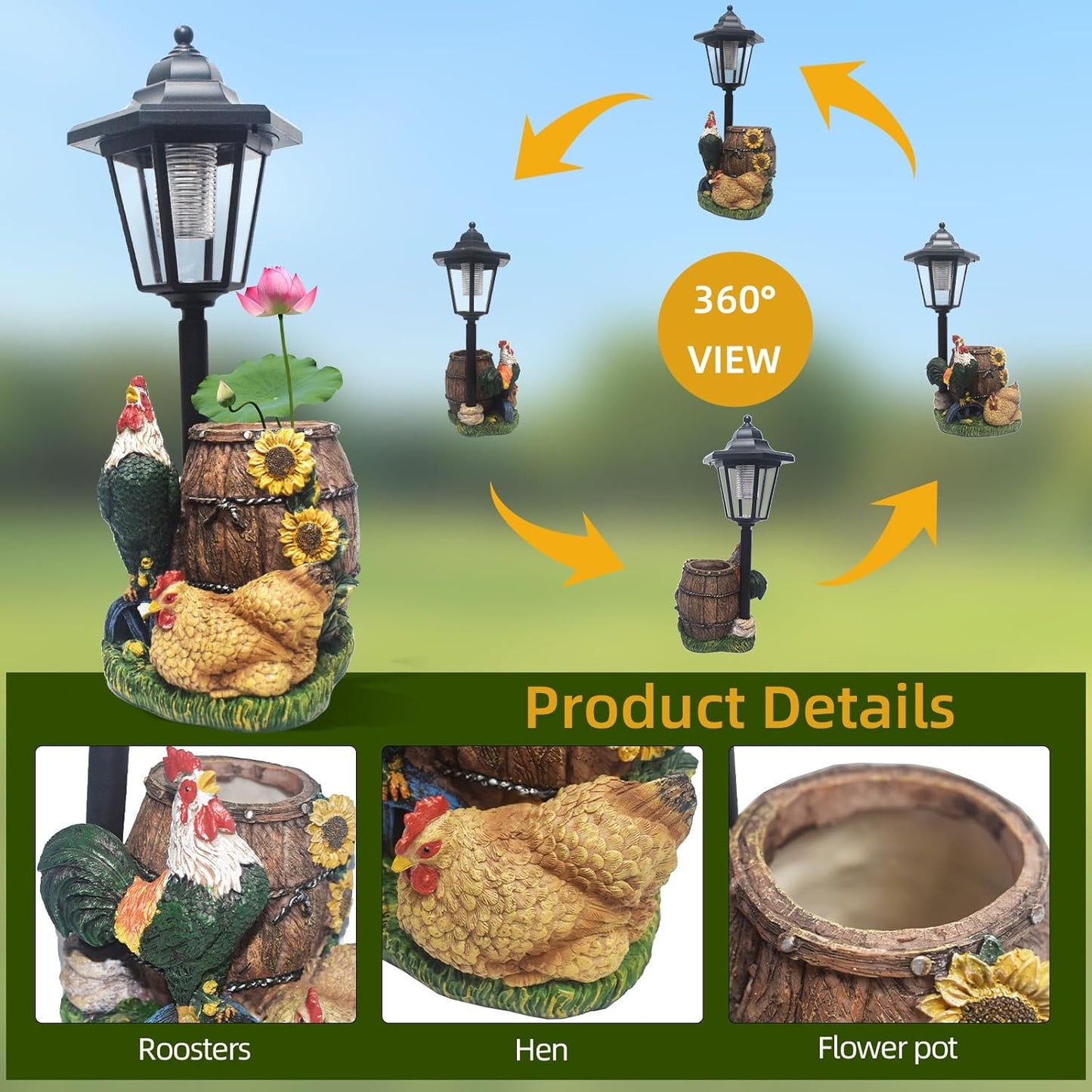 Rooster Statues Outdoor Solar Sculptures with Solar Lights and Flowerpot Funny Garden Decor Animal Figurines Resin Outdoor Statues for Patio Yard Lawn Balcony Grandma Mom Gifts