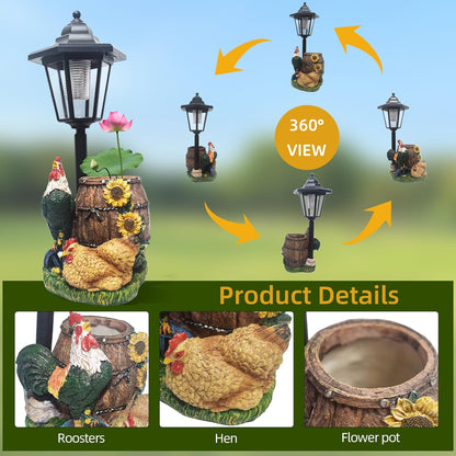 Rooster Statues Outdoor Solar Sculptures with Solar Lights and Flowerpot Funny Garden Decor Animal Figurines Resin Outdoor Statues for Patio Yard Lawn Balcony Grandma Mom Gifts