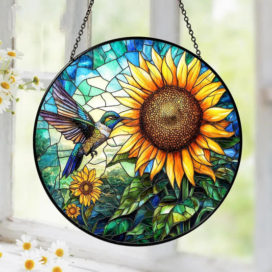 Hummingbird Stained Glass Suncatcher, Sunflower Window Hanging Stained Glass Suncatcher Hummingbird