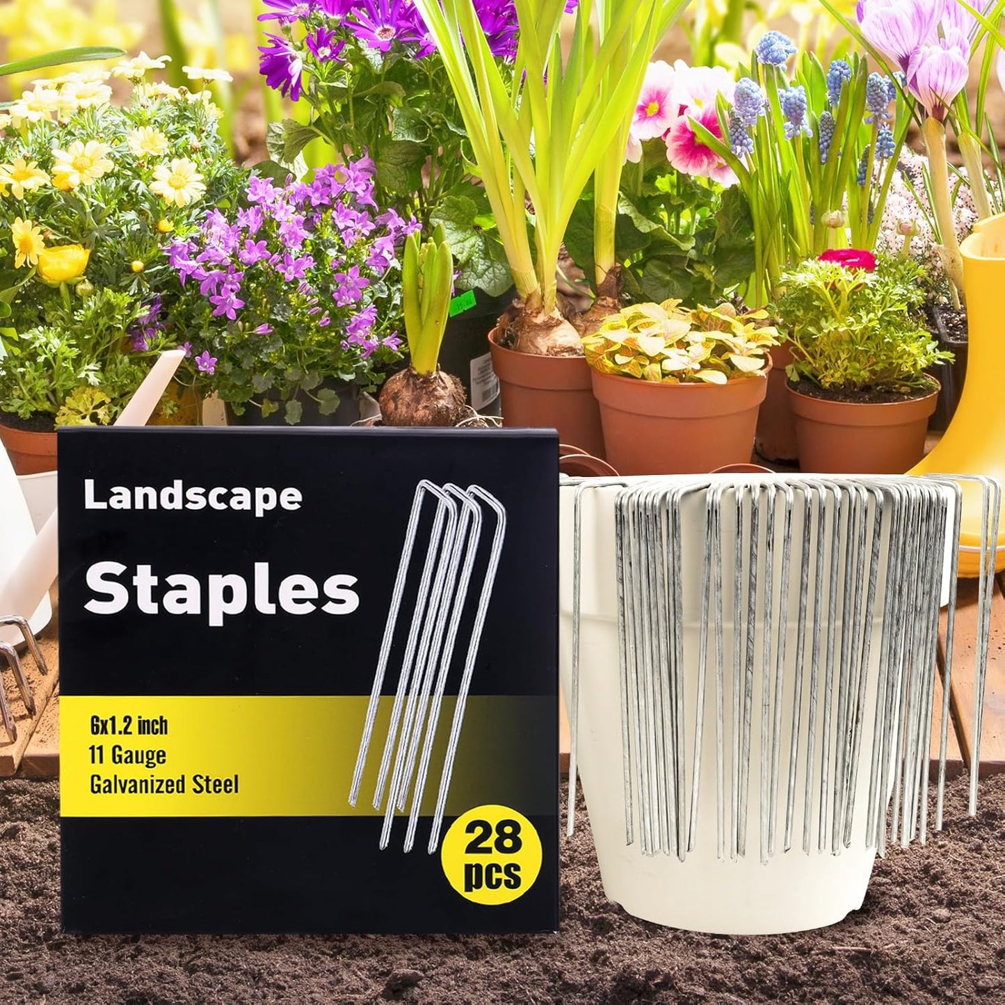 HongWay 28 Pack 6 Inch Landscape Staples, Garden Staples U Shape Tent Stakes Heavy Duty Galvanized 11 Gauge SOD Pins Yard Stakes for Ground Decorations, Landscaping Fabric, Turf, Lawn