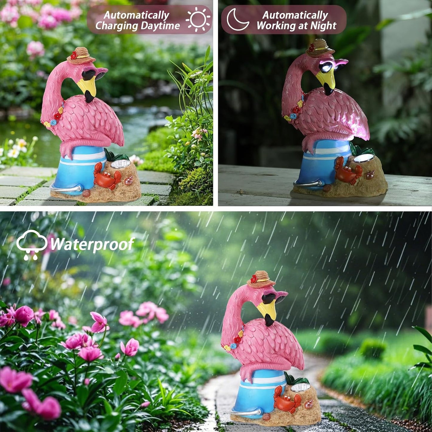 Flamingo Garden Statue Outdoor Decor, Resin Garden Flamingo Figurine Sculpute with Solar Lights for Yard Porch Lawn Decorations, Outdoor Statues Housewarming Flamingo Gifts for Women
