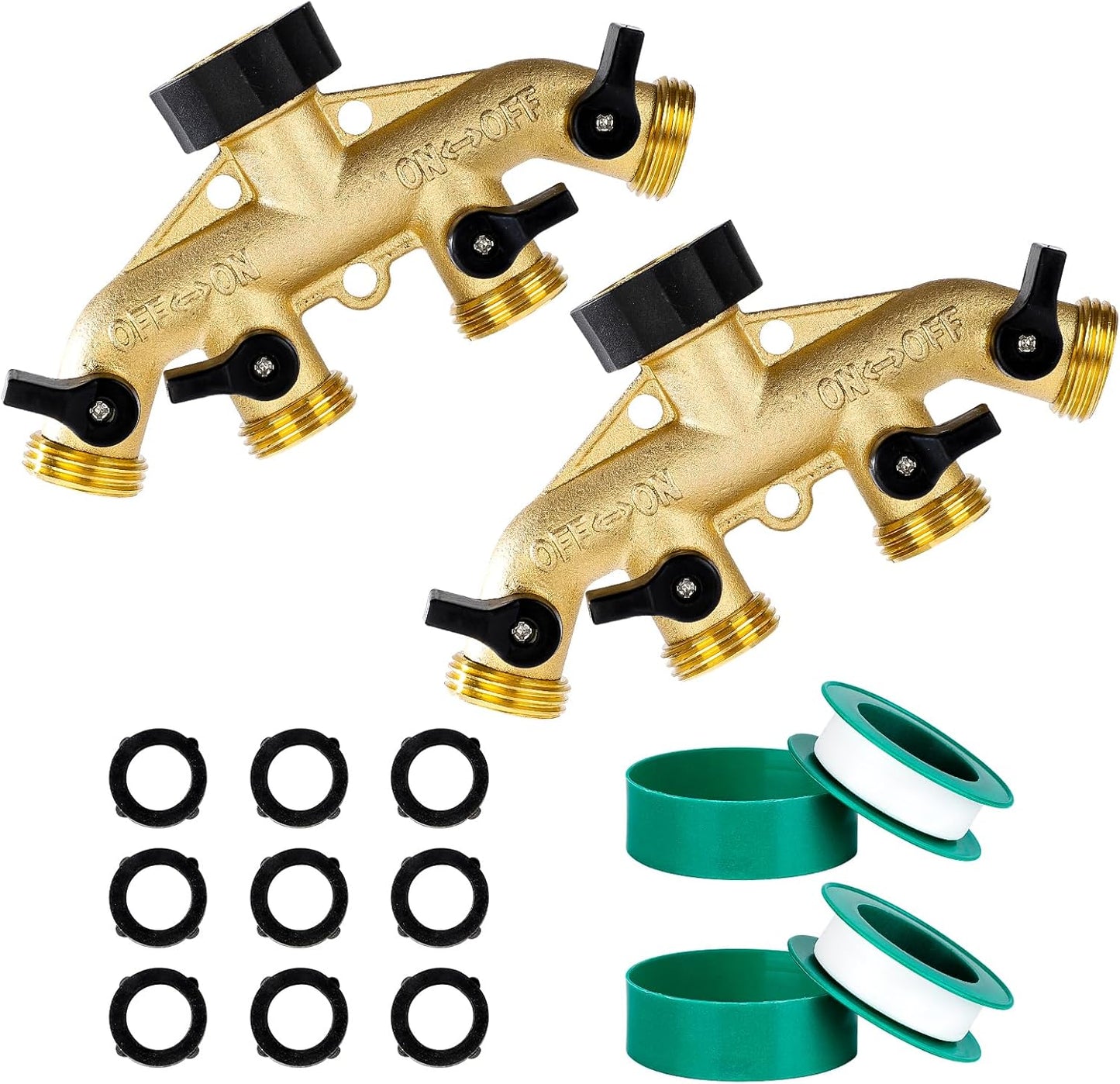 Dalmbox Garden Hose Splitter 4 Way, Water Hose Splitter, 3/4" Heavy-Duty Brass Garden Hose Splitter, Includes 9 Rubber Washers & Teflon Tape(2 pack)