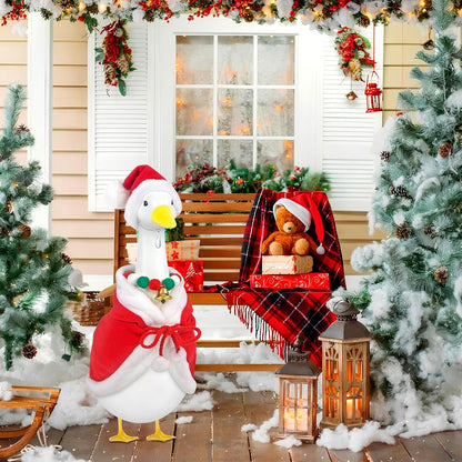 Christmas Porch Goose Outfits Mrs. Claus Goose Clothes Fits 23" Plastic Cement Statues, Red Cloak Goose Outfit Costume with Bell Necklace and Hat for Outdoor Garden Patio Yard Lawn Party Decoration