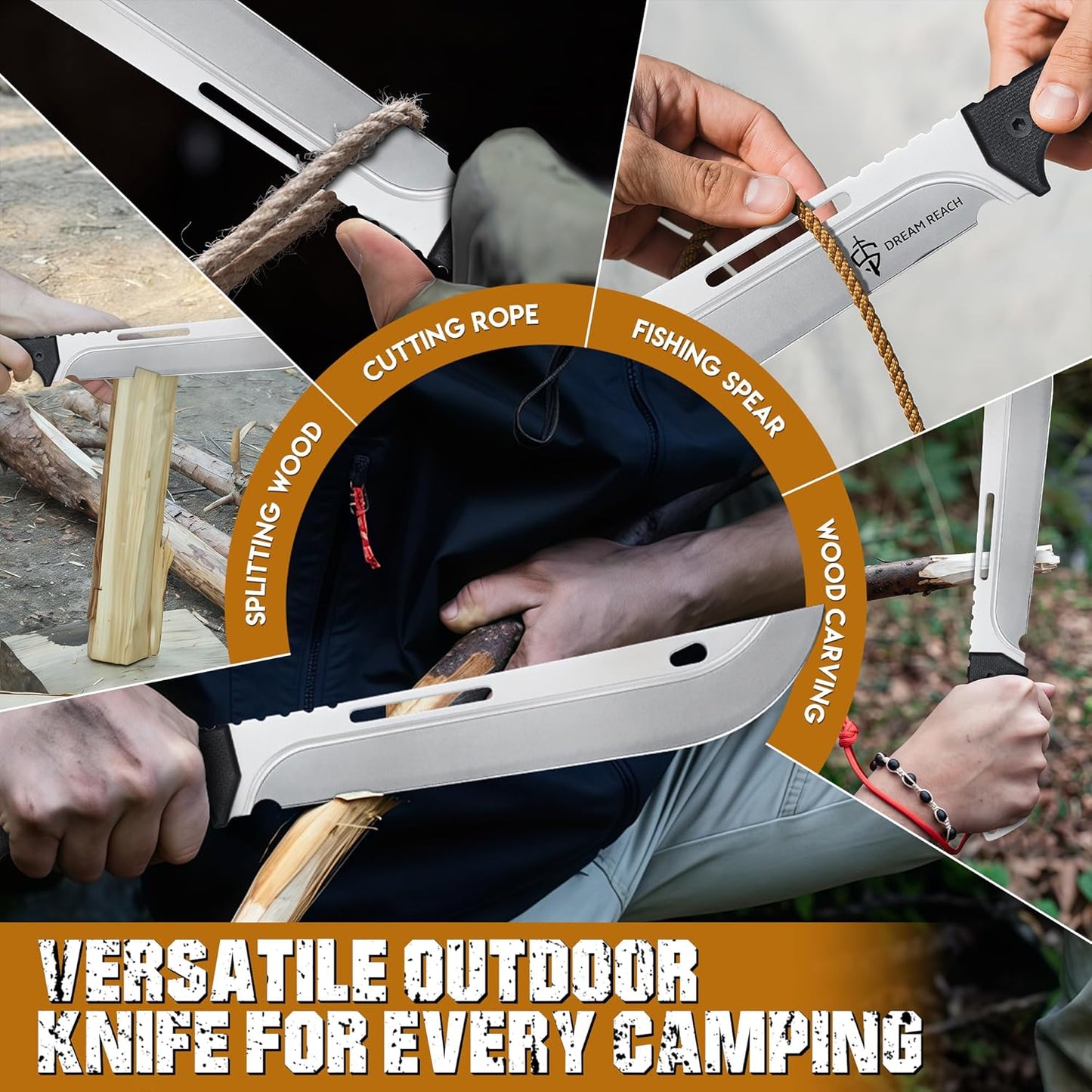 Dream Reach Heavy Duty Machete - Portable Full Tang Outdoor Survival Knife with Sheath Strap for Camping Hiking Gift for Men 9.8 Inches