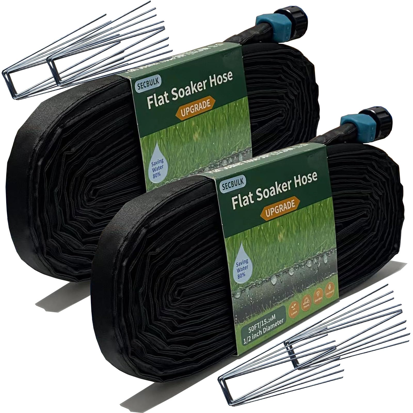 Secbulk 2026 Flat Soaker Hose 100 ft with Stakes for Garden, 50ft x 2 Linkable Drip Hose Diy Garden