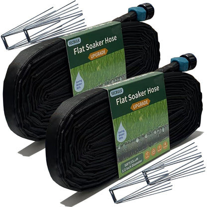 Secbulk 2026 Flat Soaker Hose 100 ft with Stakes for Garden, 50ft x 2 Linkable Drip Hose Diy Garden
