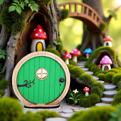 1Pc Fairy Garden Door for Tree, Fairys Doors for Trees Outdoor and Tree Trunk, Mini Fairy Garden Sculpture Lawn Ornament Decor, Fairys Tales Door Decoration，Gardens Miniatures (Green)