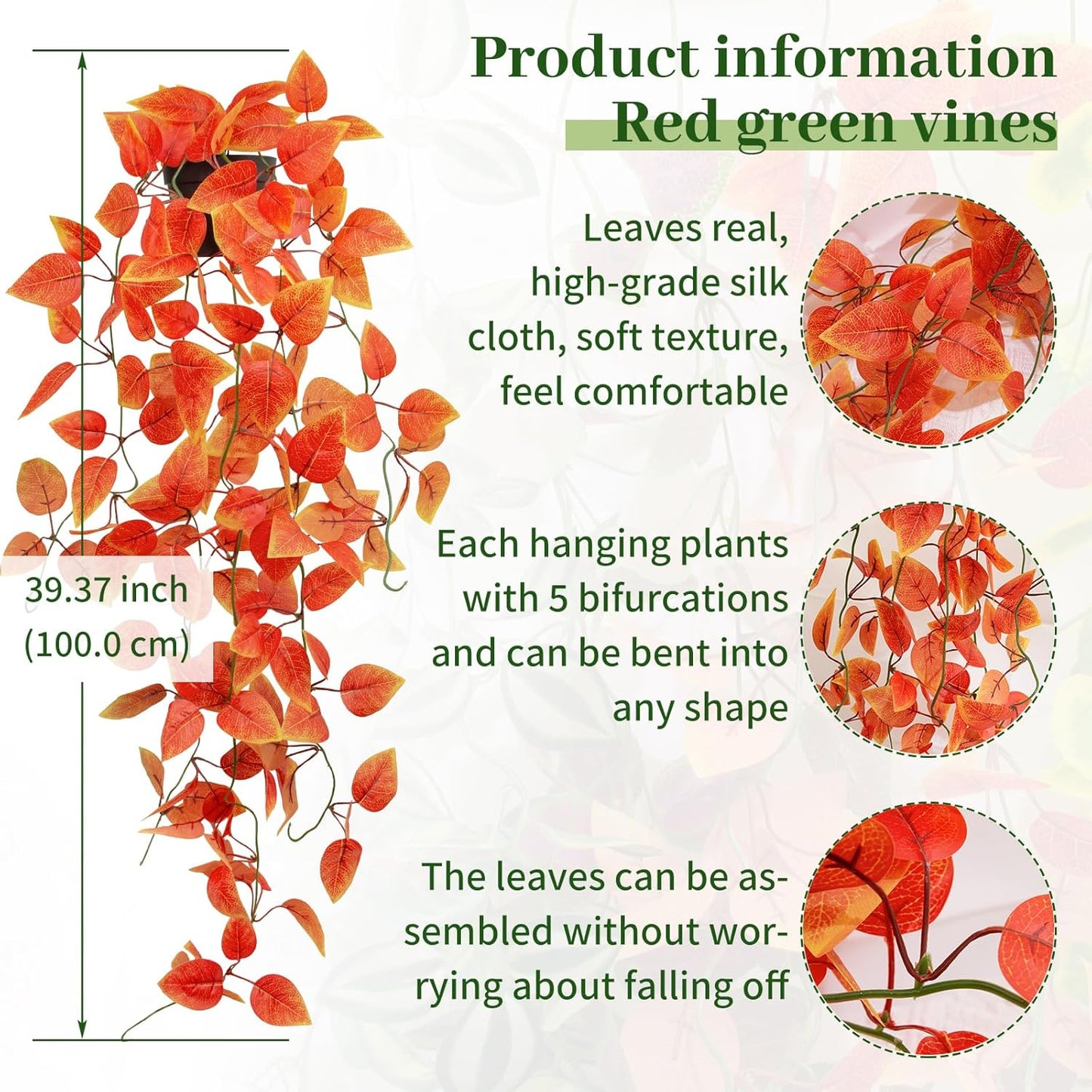 Fake Fall Plants Hanging Faux Orange Vines Artificial Potted Pothos Plant- Fall Decorations Autumn Decor for Thanksgiving Bathroom Wall Kitchen Room Decor Indoor and Outdoor (Black Pot Include)