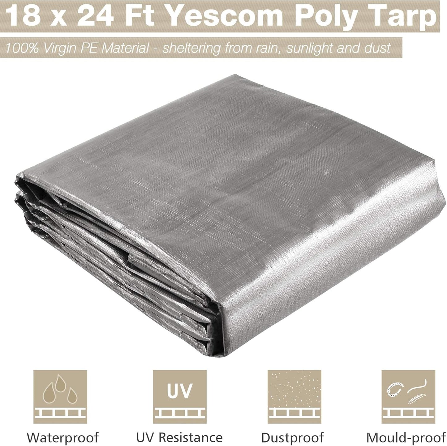 Yescom Tarp Heavy Duty Waterproof 14 Mil 18' x 24' Reinforced Poly Large Tarpaulin Ground Sheet Cover with Grommets for Outdoor Silver & Black